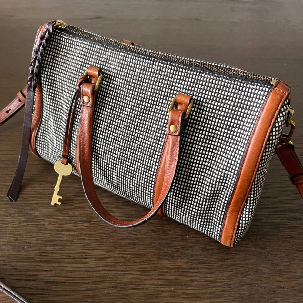 Fossil Rachel Satchel Black White Woven Dotted Leather Trim Crossbody Bag